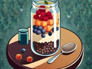 A beautiful still life scene featuring a jar of overnight chia pudding topped with colorful fresh berries and nuts. Illustration style inspired by Mandy Reinmuth, featuring bold colors and graphic elements. The atmosphere is airy and bright, with a soft and natural color temperature. The person is excited and eager to enjoy their healthy breakfast.