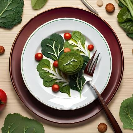 A beautiful digital illustration of a plate filled with various leafy greens such as spinach, kale, Swiss chard, and arugula, arranged in a creative and appealing way. The veggies should be vibrant and colorful, conveying their freshness and nutritional value. The plate could be decorated with some herbs or seeds for extra style, and the background could be a soft green or white to enhance the veggies' colors. Art form: digital illustration inspired by the artist Irina Trzaskos