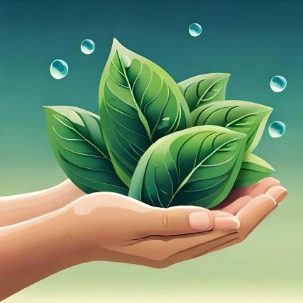Two hands holding a bunch of fresh green spinach leaves, with water droplets on them to showcase their freshness. The hands could be against a blurred outdoor natural background, such as a garden or a farmer's market, to further emphasize the organic and healthy aspect of these greens. Art form: Illustration inspired by the artist Kate Kyehyun Park.