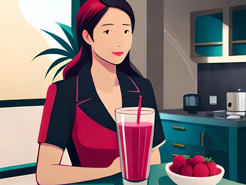 A refreshing and wholesome digital illustration featuring a tall glass of mixed berry smoothie accompanied by fresh berries and yogurt. The style is bright and colorful with a tropical vibe, inspired by the work of Julie Lee. The person sipping the smoothie has a relaxed expression, conveying the rejuvenating effects of the drink. The lighting is soft and natural, with a smooth atmosphere.