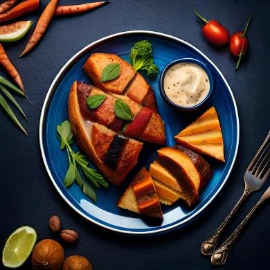 A plate of grilled chicken breast seasoned with herbs and spices, fresh green salad leaves, and roasted sweet potato wedges, arranged in a colorful, appetizing manner, digital illustration, with bold, vibrant colors that pop, showcasing the textures and details of the food, lighting is soft and warm to evoke a cozy dining atmosphere.