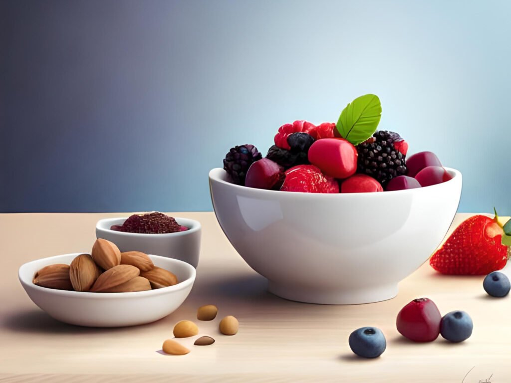 A vibrant digital illustration featuring an assortment of berries, nuts, and seeds arranged around a bowl of Greek yogurt. Inspired by food illustrations of Anna Kocon. The colors are bright and fresh to convey the health benefits of such ingredients. The atmosphere is cheerful and inviting, with natural lighting and a hint of shadow.