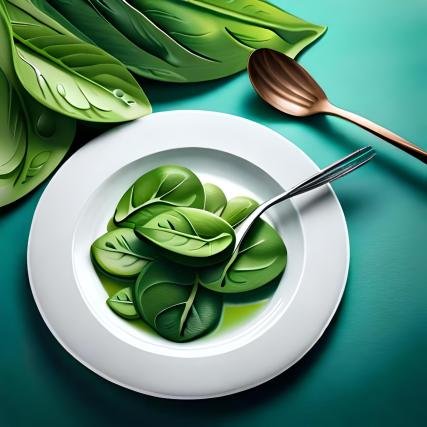An eye-catching digital illustration of a plate of spinach leaves, with vibrant green hue and a few drops of water on them, with a fork beside the plate. The artist's style would be vibrant and colorful, similar to the work of illustrator Linda Solovicova. The atmosphere would be refreshing and healthy, with a bright lighting and a cheerful expression on the fork's handle