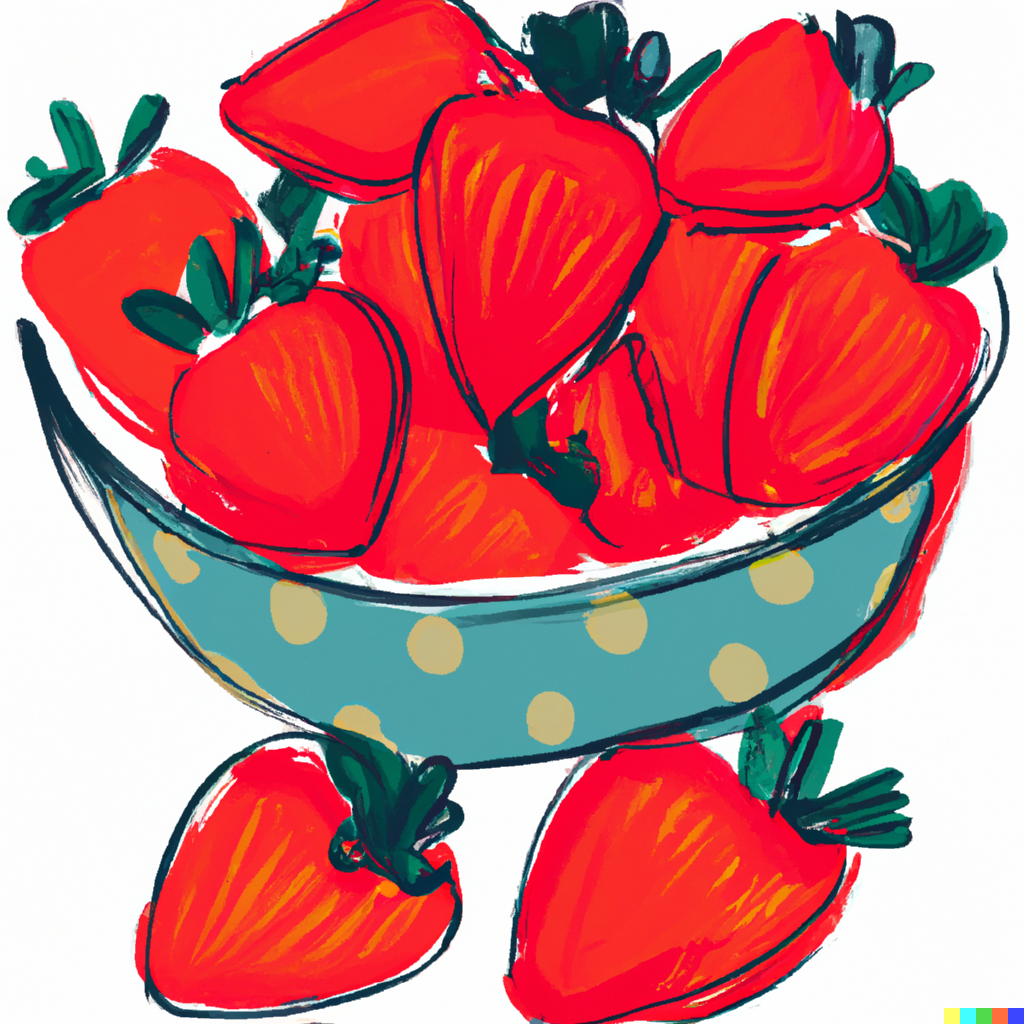 Plump juicy strawberries nestled in a bowl on a white background, an illustration depicting the vibrant colors and textures of the fruit, with bold lines and playful shapes, inspired by the work of professional illustrator Sara Franklin, who uses bright colors and whimsical details in her work to capture the essence of food, and showcasing the freshness and health benefits of the berries. The color temperature would use bright pinks, reds, and greens to complement the fruit, with a soft lighting and a relaxed atmosphere.