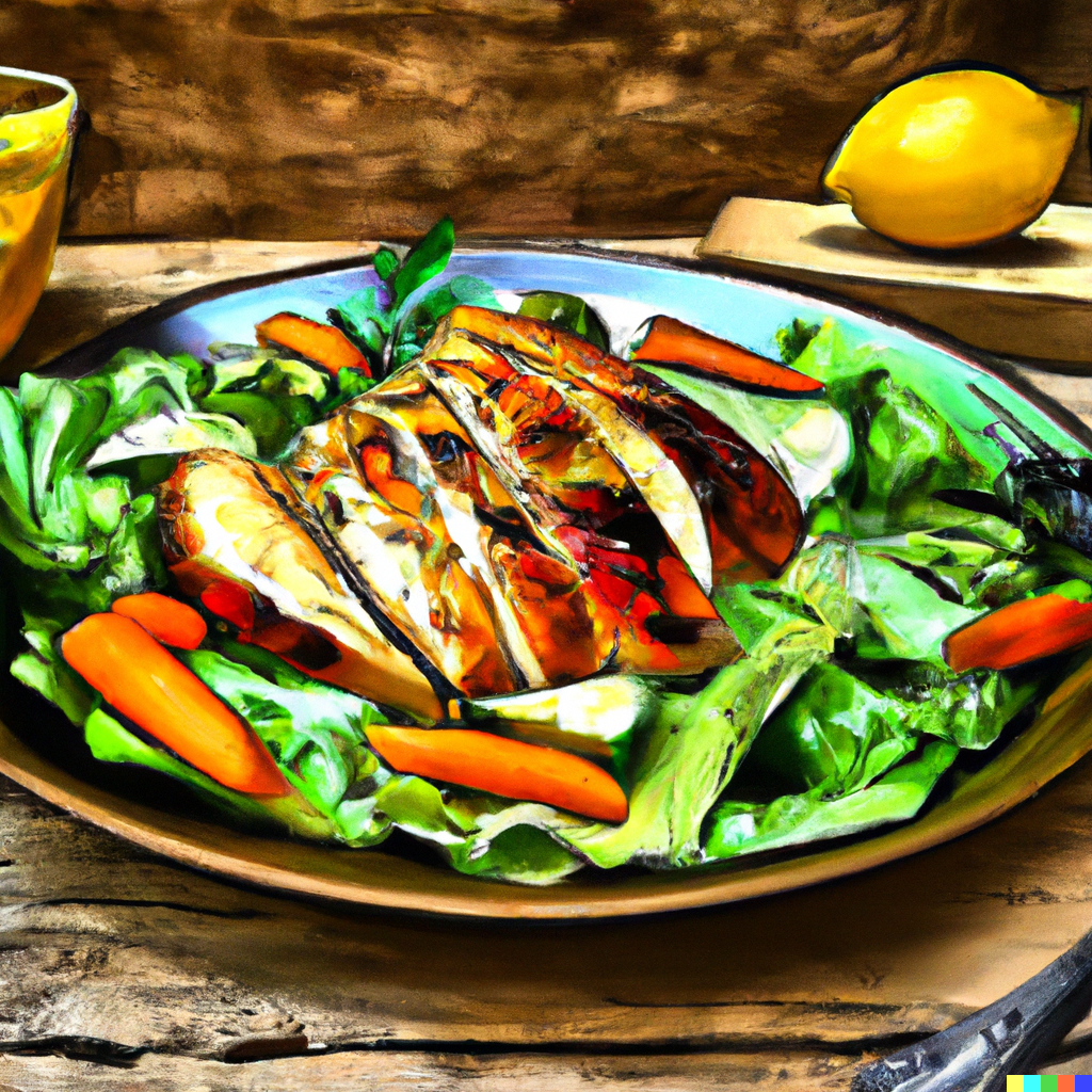delicious plate of grilled chicken breast with vegetables, arranged beautifully on a rustic wooden table, using digital illustration to add vibrant