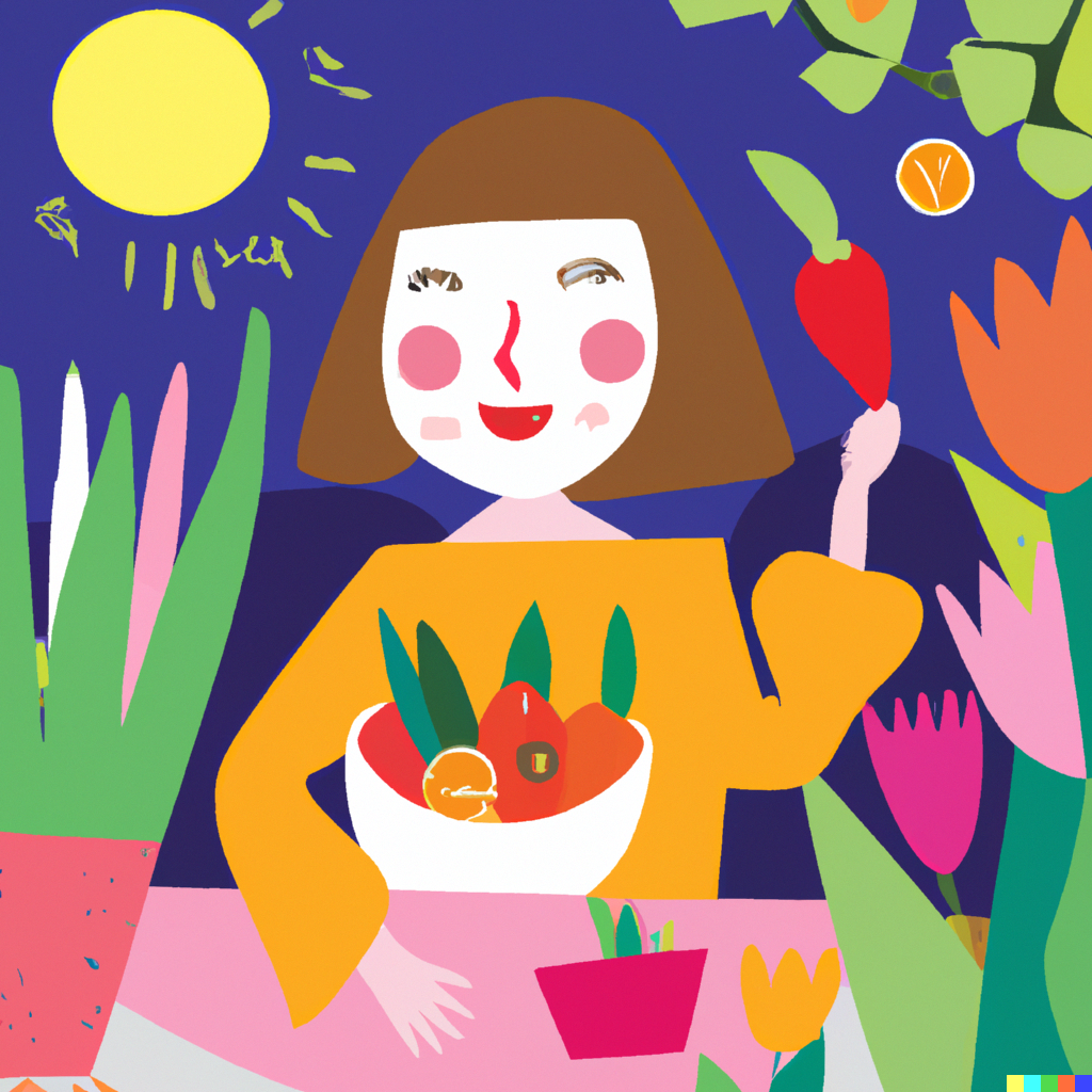 A girl holding a vibrant bowl of fresh fruits and vegetables, surrounded by colorful plants and flowers, Illustration, inspired by the works of Mary Blair, creating a lively and whimsical scene, color temperature warm with vibrant pops of color, the girl's expression showcasing joy and health, the lighting bright and natural creating a sunny atmosphere