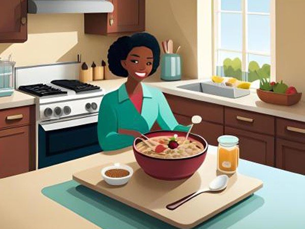 A beautiful still life scene featuring a jar of overnight chia pudding topped with colorful fresh berries and nuts. Illustration style inspired by Mandy Reinmuth, featuring bold colors and graphic elements. The atmosphere is airy and bright, with a soft and natural color temperature. The person is excited and eager to enjoy their healthy breakfast.